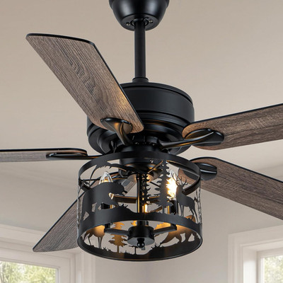 Rustic 52'' Ceiling Fan with Light & Remote, Deer & Bear Cut-Out, Black
