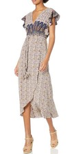 MISA Los Angeles Carolina Wrap Maxi Dress Cap Sleeve Size M Braid Tie Floral