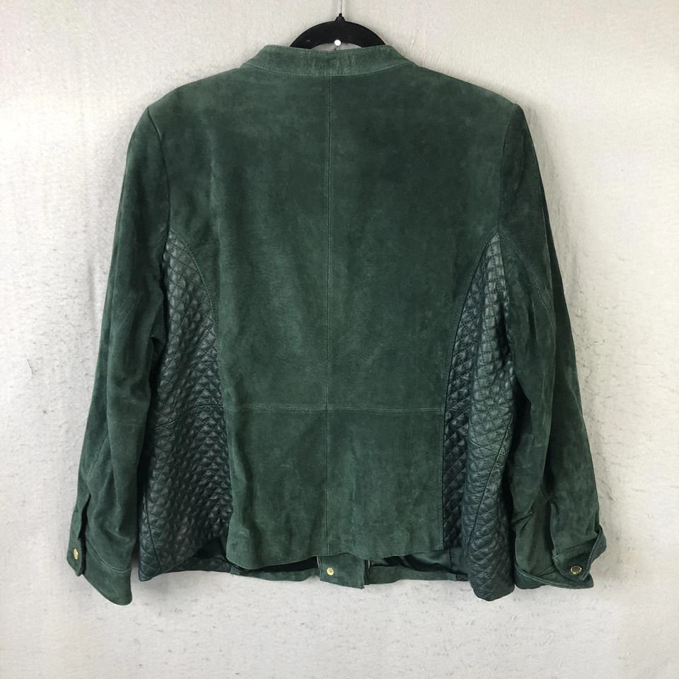 Chaqueta de cuero Isaac Mizrahi Live para mujer 22W verde gamuza acolchada sin cuello Foto 2 de 4