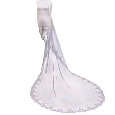 White Long Wedding Veil With Lace and Metal Comb Cathedral Length 1 Tier Bride