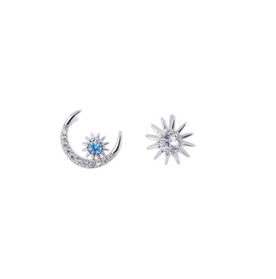 Rhodium 925 Sterling Silver Moon Sun Stud Earrings Cubic Zircon Gift Box PE25