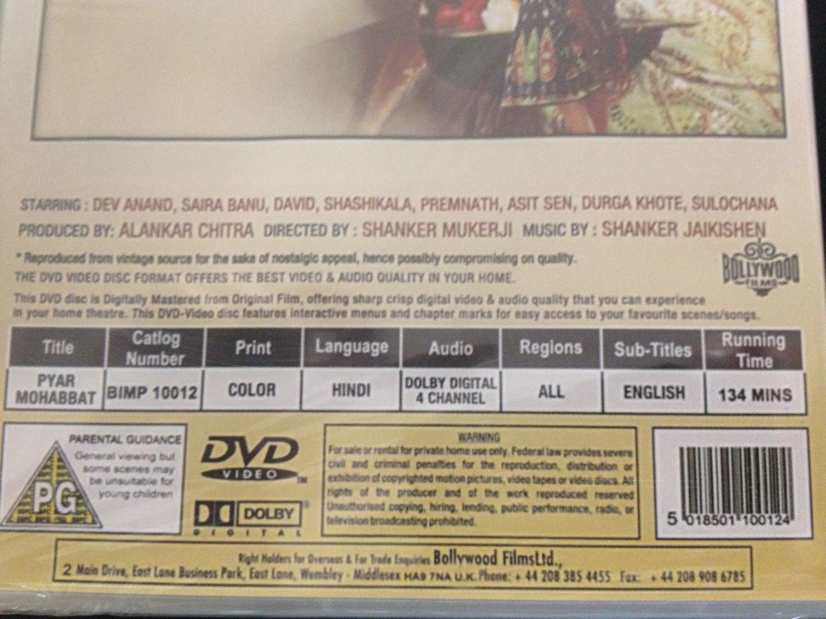 Pyar Mohabbat, DVD, Bollywood Films, Hindu Language, English