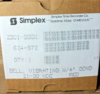 NEW SIMPLEX 2901-9331 BELL, VIBRATING W/4'' GONG 21-30 VDC RED FIRE ALARM AK