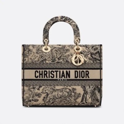 $5400+ Christian Dior Lady D-Lite Bag Embroidered Canvas Large Brown/Multi