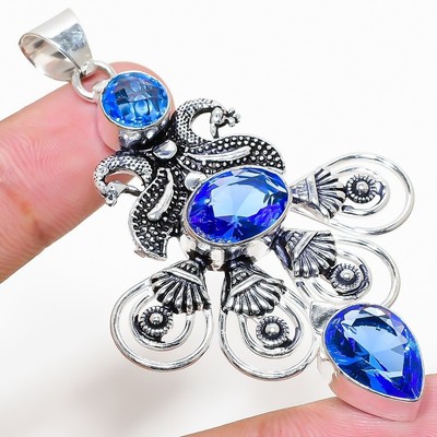Pendentif Argent Sterling 925 Tanzanite Bleue - Fait Main, Pierre Créée En Labo, Inde