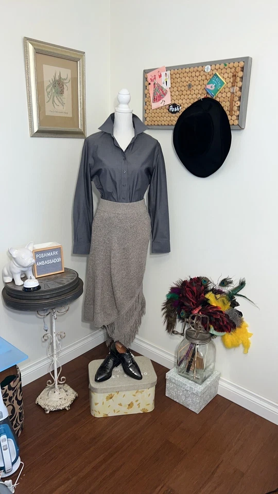 Falda midi Stella McCartney cachemir-lana flecos-dobladillo, beige talla 44 o  Foto 3 de 4