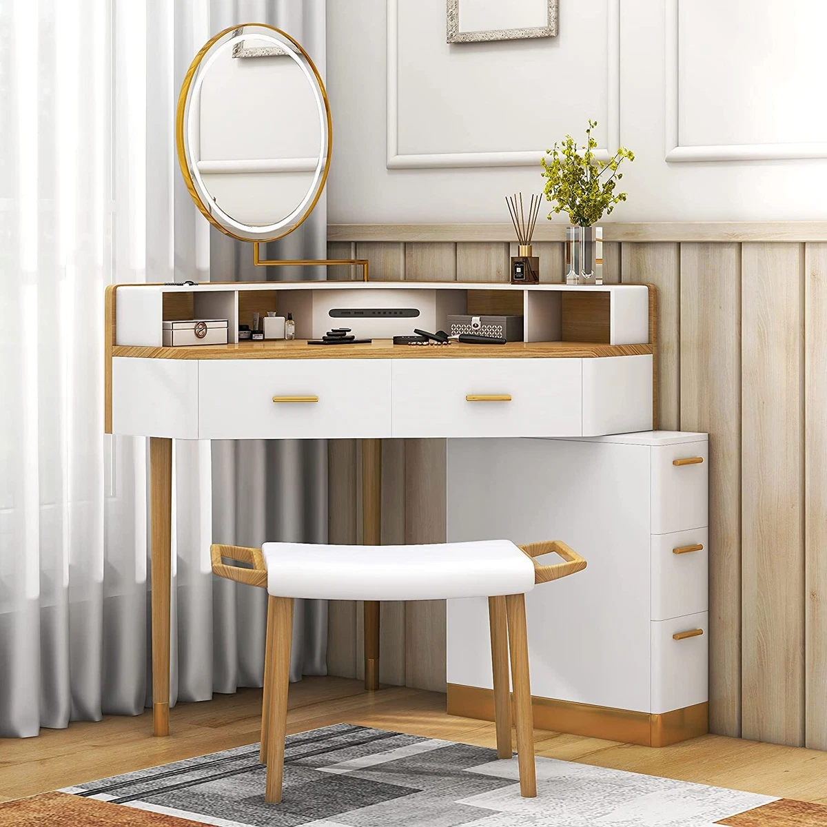 Likein Corner Makeup Vanity Desk with Mirror and Lights, Bedroom Vanity  Table with Lighted Mirror 5 Drawers and Storage Shelf for Women Girls White