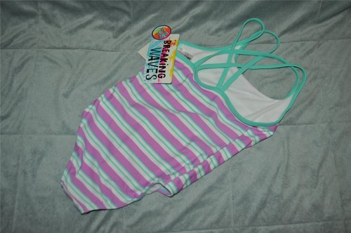 Breaking Waves Girls 1 Piece Swimsuit Purple/Aqua Stripes Reg $30 NWT - Picture 2 of 2