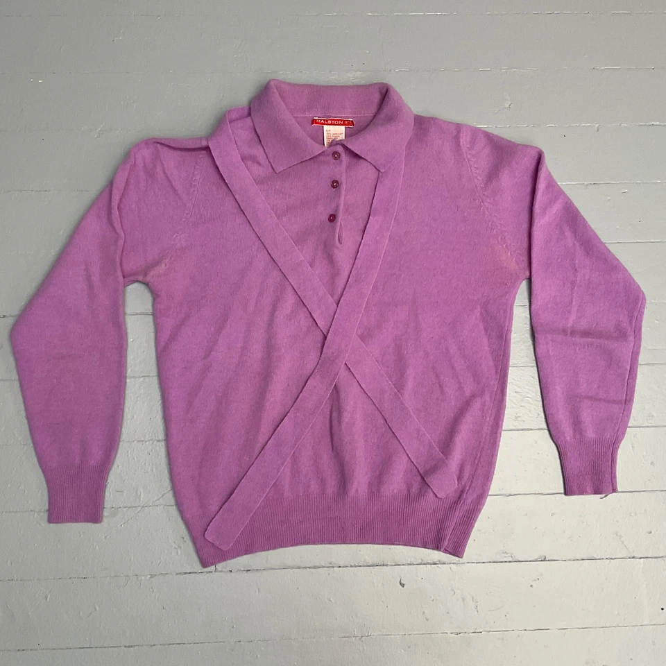 Pull Vintage Halston III Lavande En Laine D'Agneau Angora Avec Nœud À L'Avant - Photo 2/4