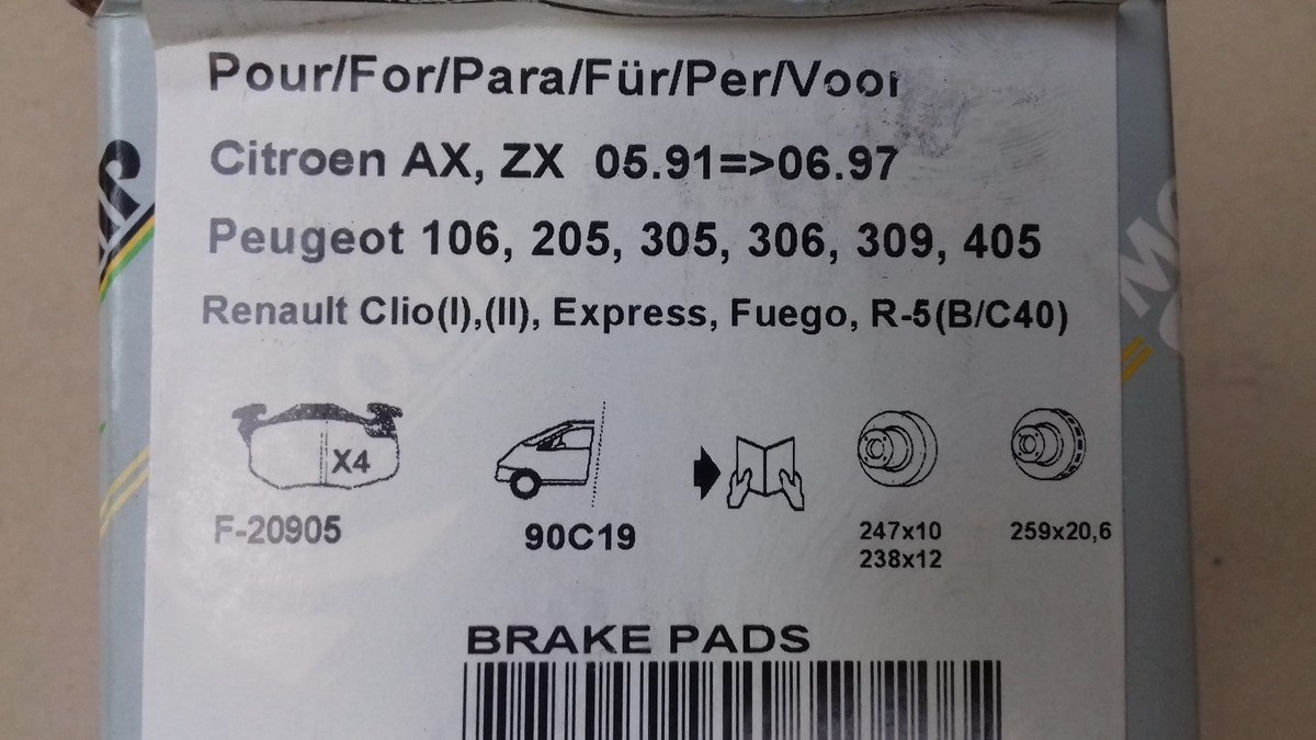 Set Of Motaquip Front Brake Pads Peugeot 106 205 305 306 309 405