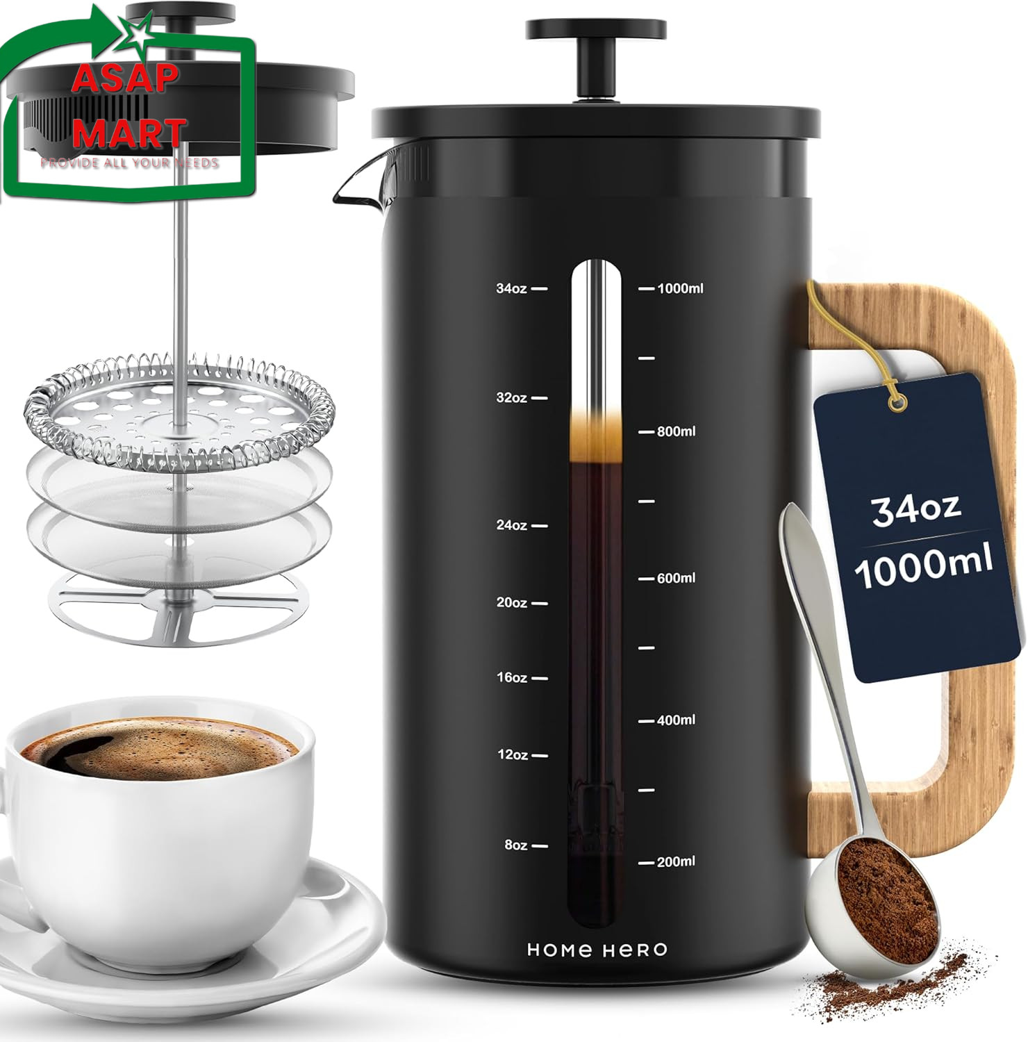 Coffee Maker - 34 Oz Coffee Press With Bamboo Wood Handle
