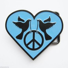 Blue Heart Peace Sign Doves Metal Belt Buckle