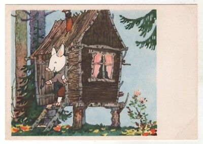 1964 Fairy Tale THREE LITTLE PIGS WOLF in Dressed ART RUSSIAN POSTCARD Old