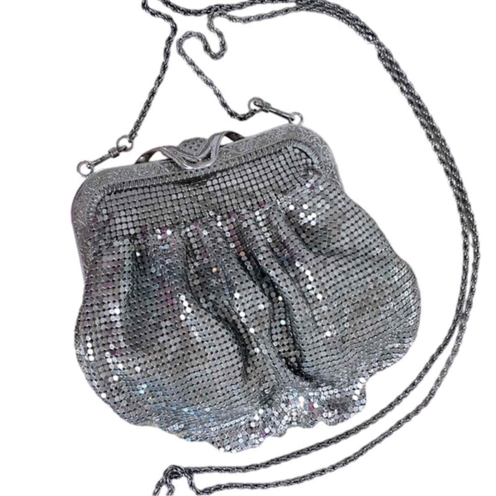 Vintage Silver Mesh Pouch Bag Clutch Crossbody Di… - image 1