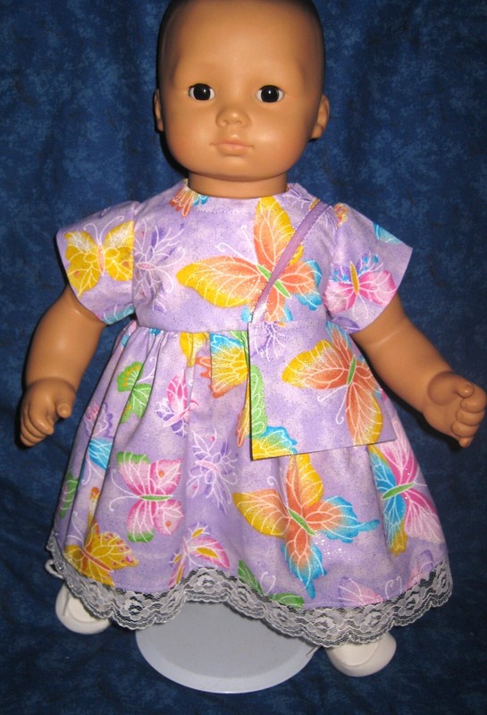 For 15" Bitty Baby -Purple Spring Dress with Butterflies, White Lace and Purse