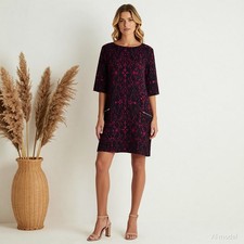 Plus Size Evening Vintage Knee Length Dress Black Pink Floral Jacquard US 16
