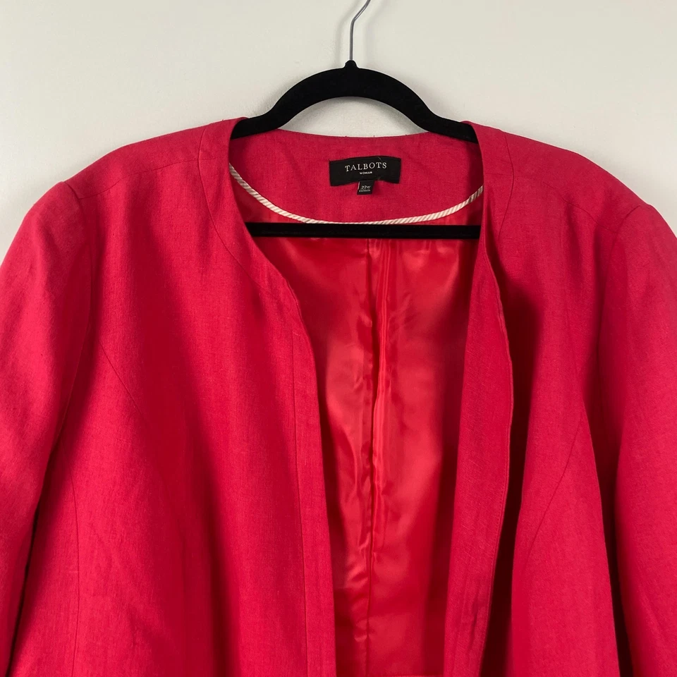 Talbots Linen Open Front Blazer Jacket Size 22W Red Slit Sleeve Pockets - Image 2 of 4