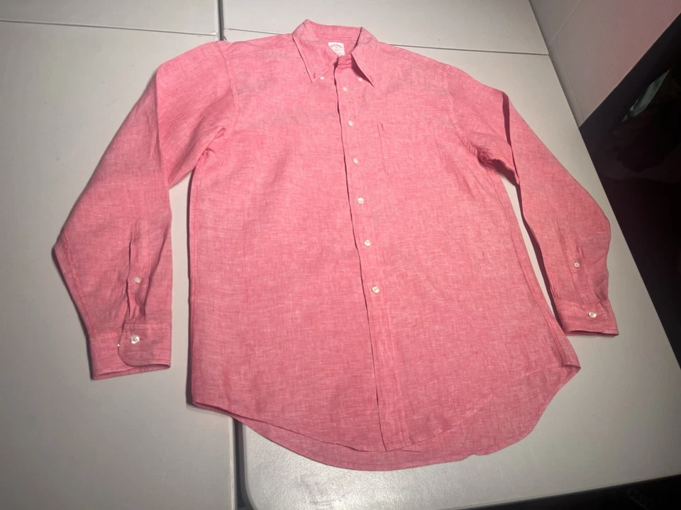 Brooks Brothers Shirt Men’s Medium Red Coral Button Up Linen Dress Casual - Image 4 of 4