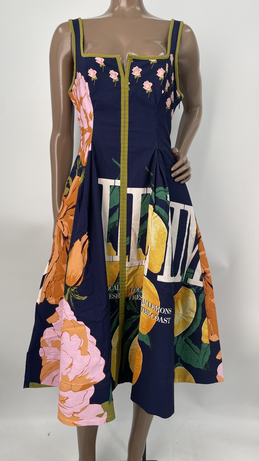 Maeve Womens Midi Dress Blue/Multi Size S The Arlette Square Neck Piped A-Line