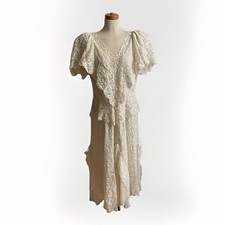 Vintage Boho Wedding Dress Lace Sequins Silk Flutter Drop Waist Bows Ivory Large