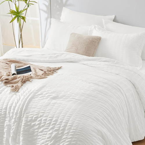 Queen Comforter Set White Seersucker 7 Pieces Bed in a Bag Queen Comforter Set w - Picture 8 of 12