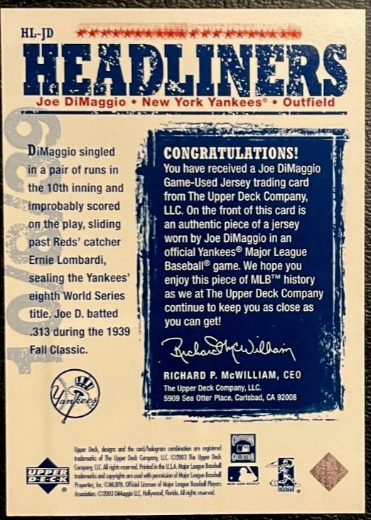 2003 Upper Deck Baseball Joe DiMaggio Headliners Game-Used Jersey Pinstripe SP view 2