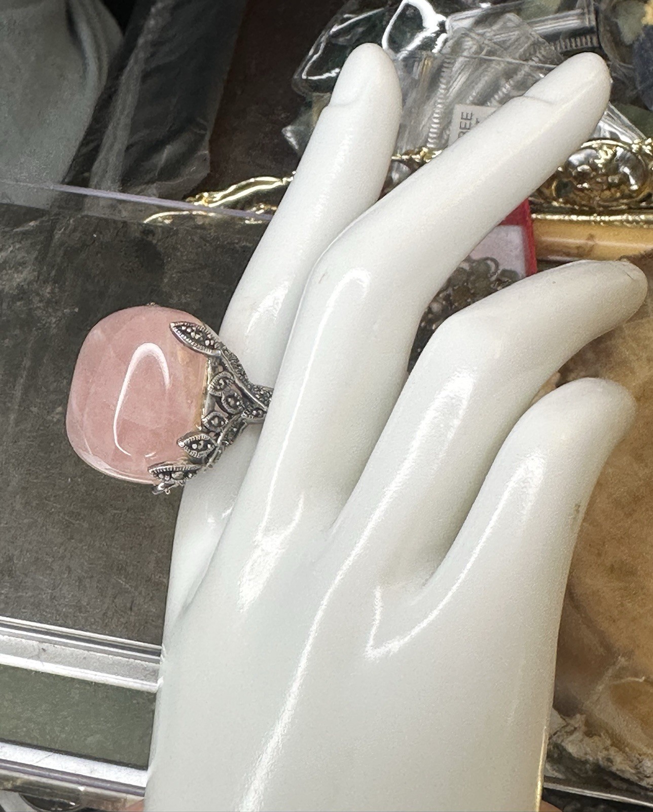 Large Statement Square Rose Quartz Marcasite 925 … - image 10