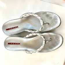 PRADA Sandali Donna 38,5 8 Pelle Tanga Infradito Argento Y2k Collezione 2003