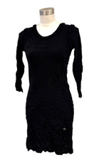 Pristine CHANEL black knit eyelet lace Stretch bodycon dress 34 36 S M CC Logo
