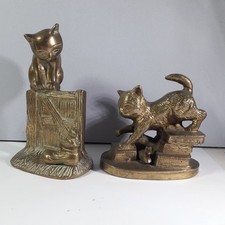 Pair Of Brass Cat Figurines One On A Gate One On Books