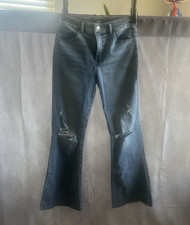 Express High Rise Flare Blue Denim Jeans Distressed 5-Pocket Button Logo