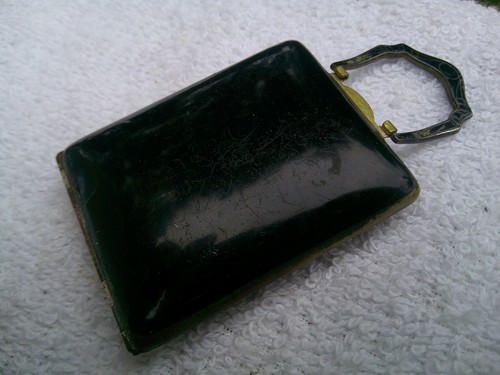 Antique Art Deco Green Guilloche Enamel Purse Locket Compact - Picture 5 of 12