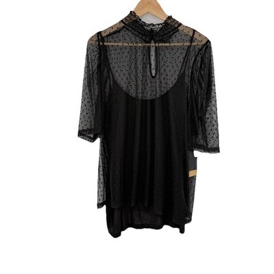 Halogen Plus Size Polka Dot Sheer Mesh High Neck Half Slv Blouse Sz 2x Witchy