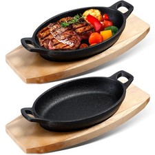 Mifoci 2-Pcs Mini Cast Iron Skillet w/ Wooden Base - Fajita Sizzle Platter