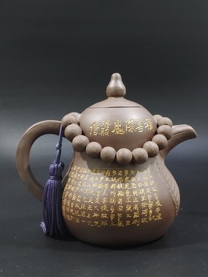 金清號　古錫茶壺大茶壺　2106g/高さ約23㎝　東Y7-1219☆1Fチヒコカ 紫砂老厂吴寅凤刻佛经描金佛珠济公葫芦壶Yixing Zisha Carved