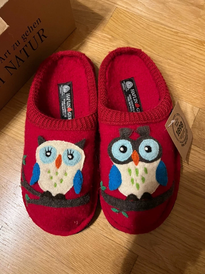 全新带盒 HAFLINGER 女士 OLIVIA 猫头鹰舒适室内羊毛拖鞋,尺寸 39 MSRP,110.00 美元 — 第 4/4 张图片