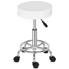 White PU Leather Swivel Bar Stool 360 Rotation 5 Casters 50-64.5cm Height