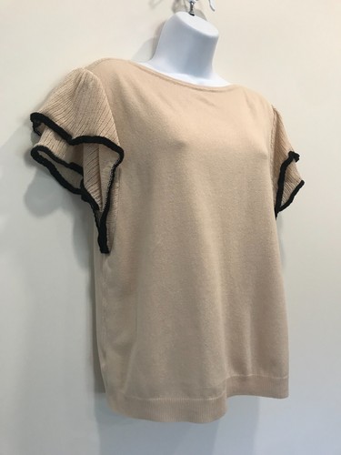 ANN TAYLOR LINEN BLEND SWEATER WITH RUFFLED SHORT SLEEVES BEIGE/BLACK SIZE LARGE - Picture 2 of 4