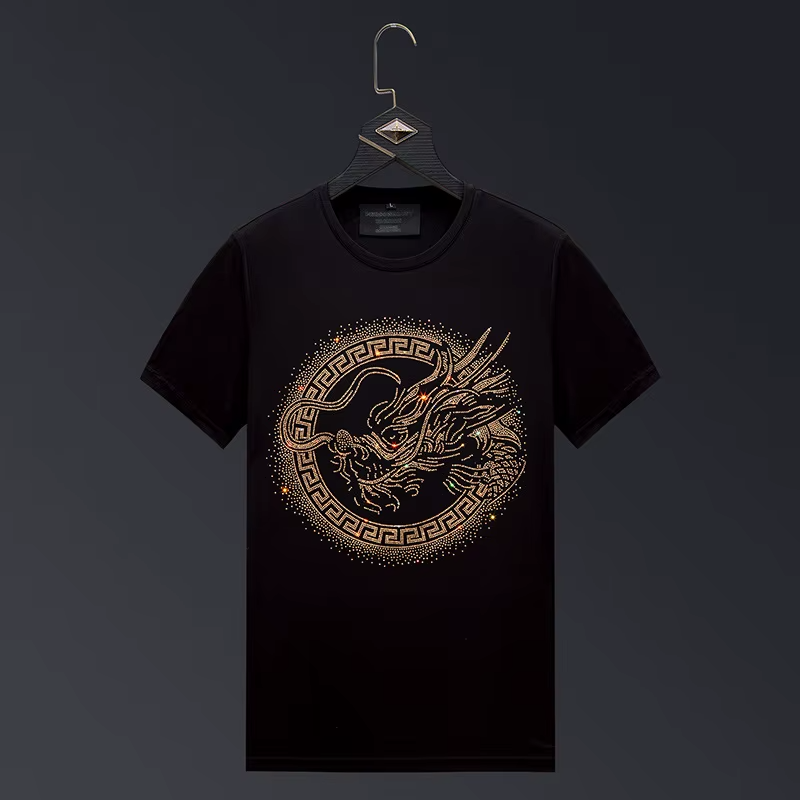 New Fashion Dragon Rhinestone Summer Short Sleeve Luxury Men Streetwear T-Shirt