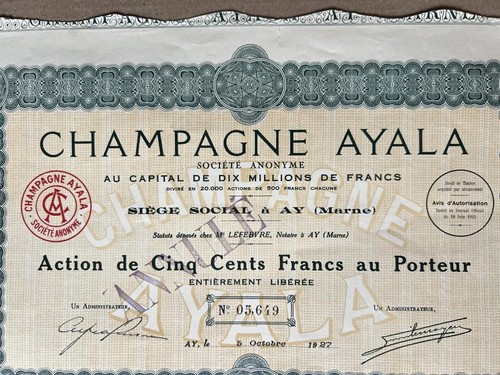 CHAMPAGNE ALAYA ANCIENNE ACTION 1927 500 FRANCS AY MARNE DOCUMENT ORIGINAL SHARE - Imagen 2 de 6