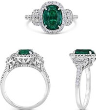 2.38CT DIAMOND  AAA EMERALD PLATINUM OVAL  ROUND 3D 3 STONE ENGAGEMENT RING
