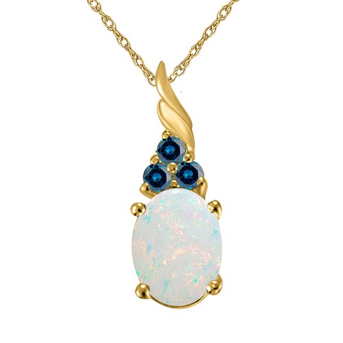 1.36Ct Created Opal & Blue Diamond Pendant Necklace in 14KGold with BoxChain - Picture 9 of 27