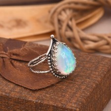 Aurora Opal Crown Design Engagement Ring Sterling Silver Constellation Jewelry