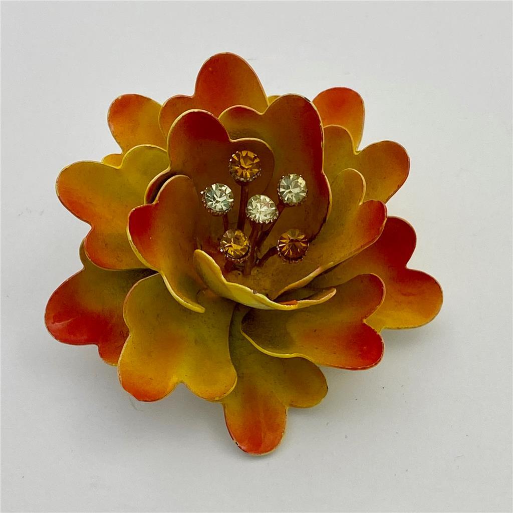 Vintage CORO Yellow & Orange Enamel Metal Rhinestone Center Flower