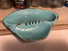 Vintage Handcrafted Calif USA Gold Trim Turquoise Large Ashtray