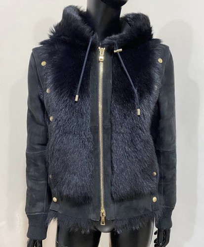 4k Authentic Balmain Black Fur Gold Buttons Shearling Bomber Zip Jacket Size 38