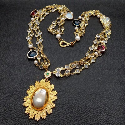 23'' 4 Strands Crystal Chain Necklace Keshi Pearl Yellow Gold Plated Pendant