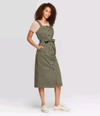 NWT Universal Thread Button Midi Dress SMALL Olive Green Stretch Cotton Twill