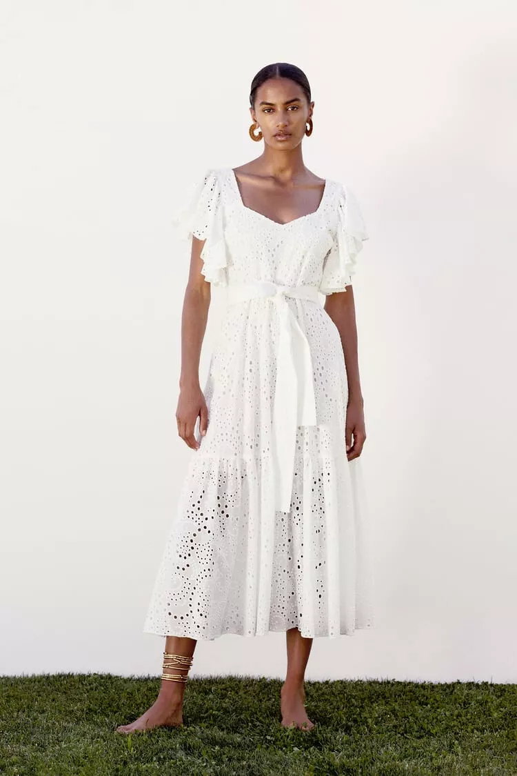 NWT ZARA WOMAN'S V-NECK MIDI DRESS WITH CUTWORK EMBROIDERY WHITE