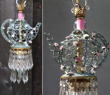 Lamp Chandelier swag Mad Tea Party brass tole Shabby Pink Rose Teapot hanging